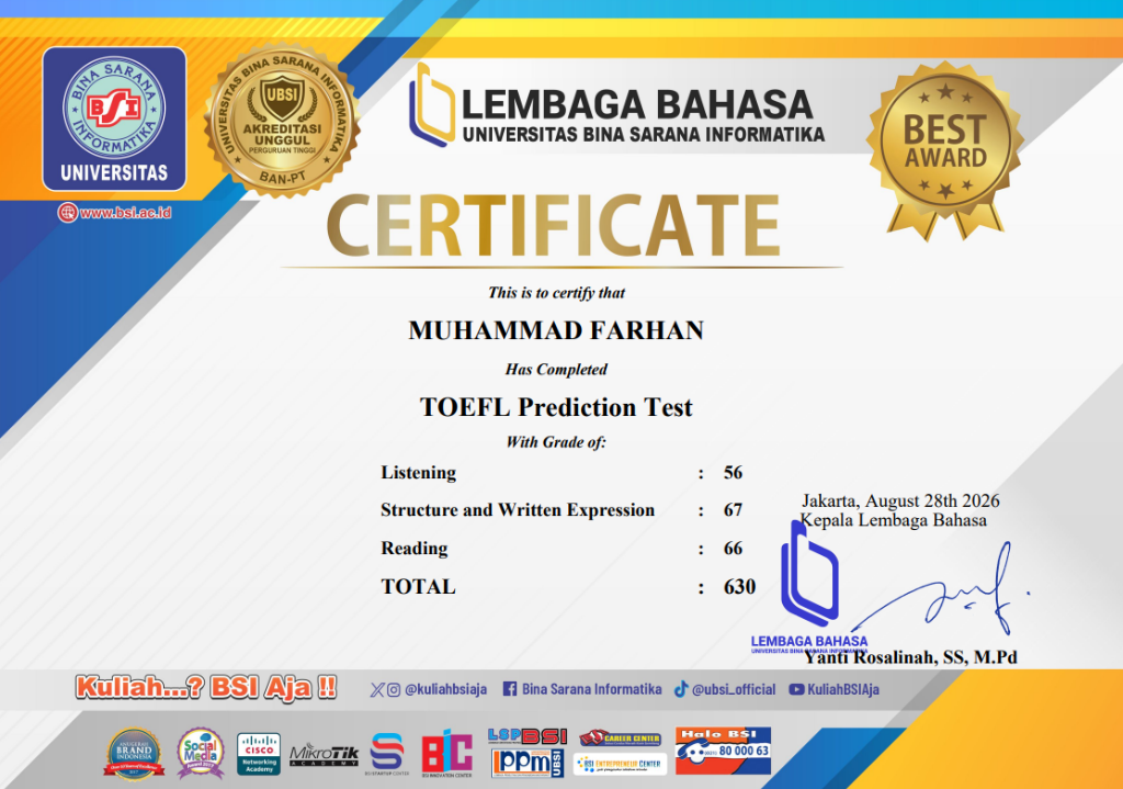 Sertifikat TOEFL Score 630